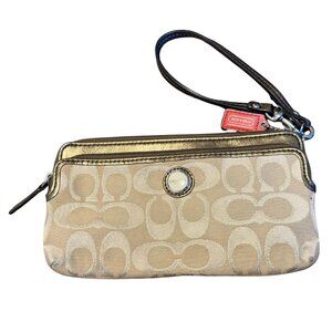 Coach Signature Jacquard Double Zip Wristlet Wallet Gold Tan
